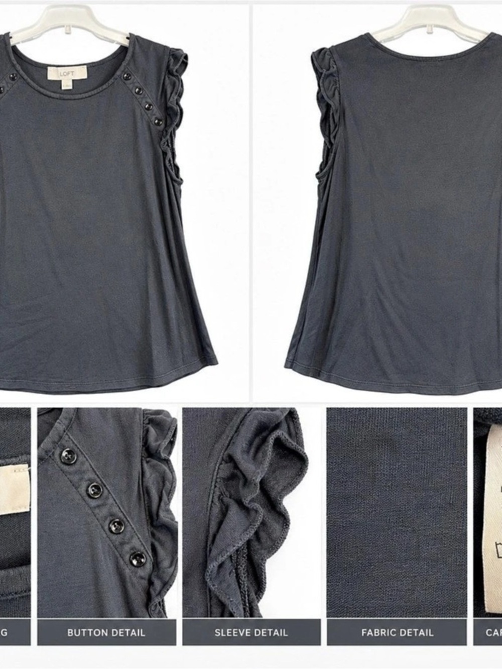 LOFT Women’s Large Charcoal Gray Ruffle Sleeve Top Button Detail Sleeveless